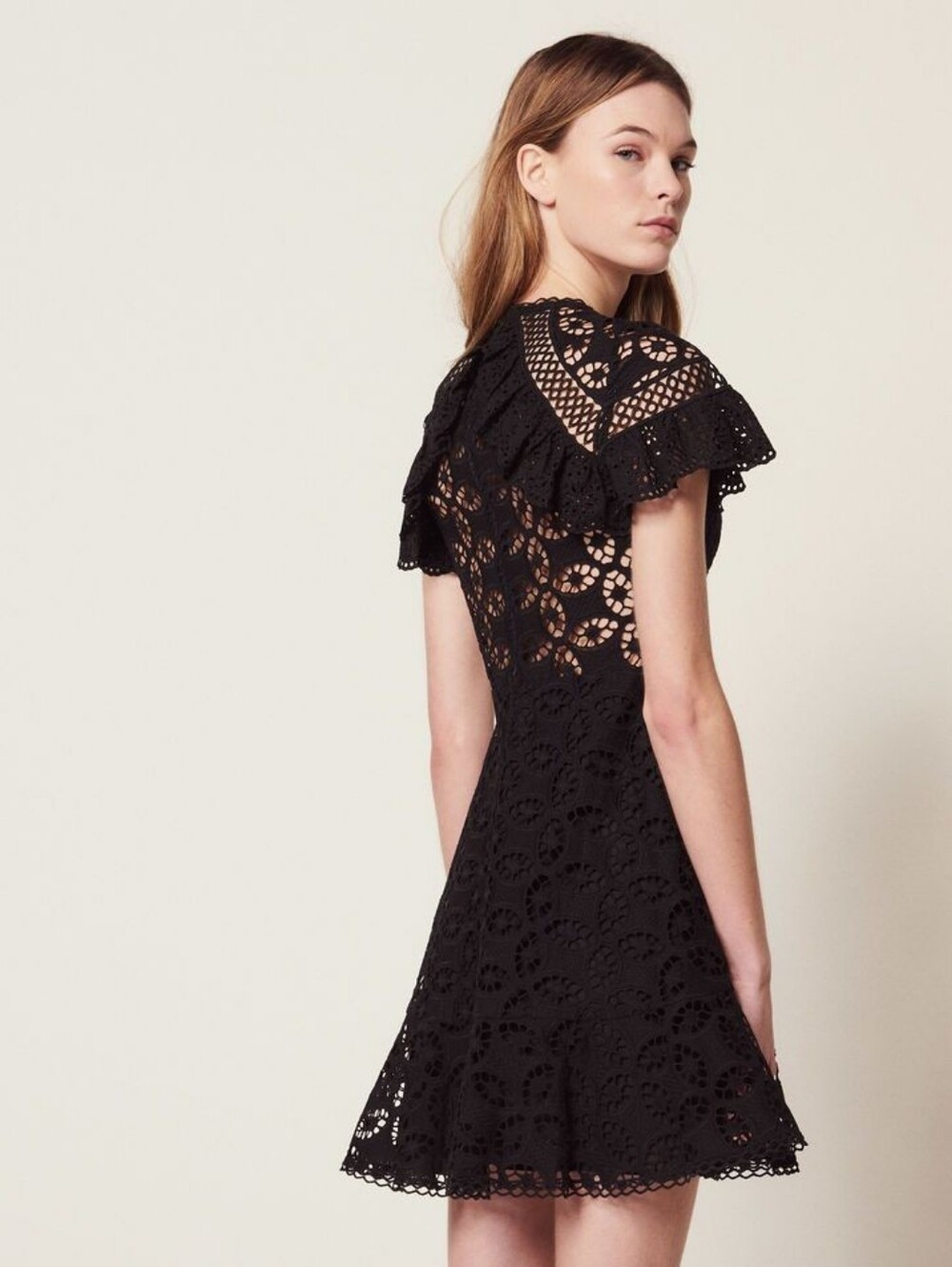 Sandro Paris Black Cutwork Lace Ruffle Fit & Flare Mini Dress Sz 36 US 2/4